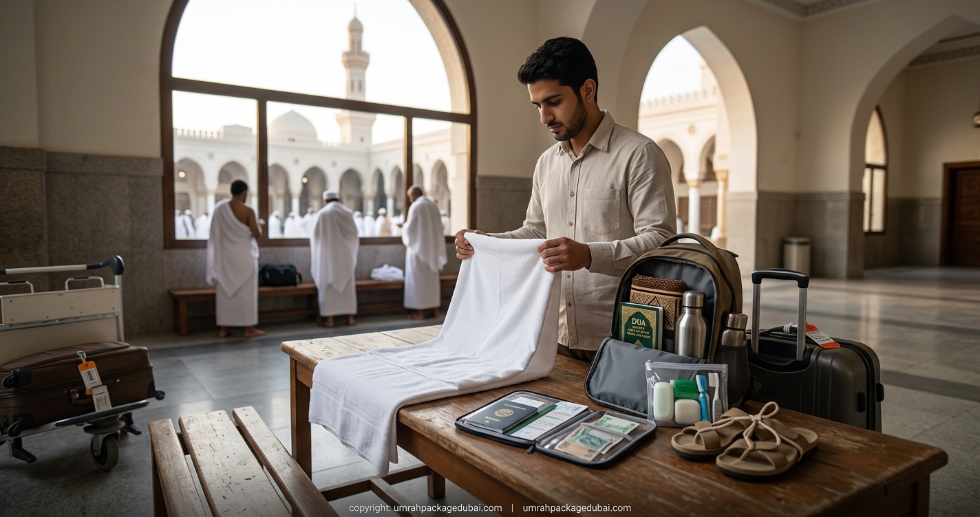 Muslim pilgrim preparing Ihram clothing and essential items for Umrah travel
