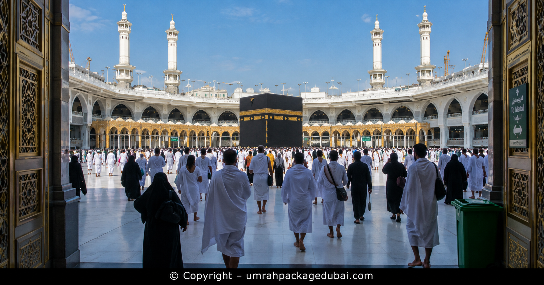 Pilgrims entering Masjid al-Haram in Makkah during an Umrah journey