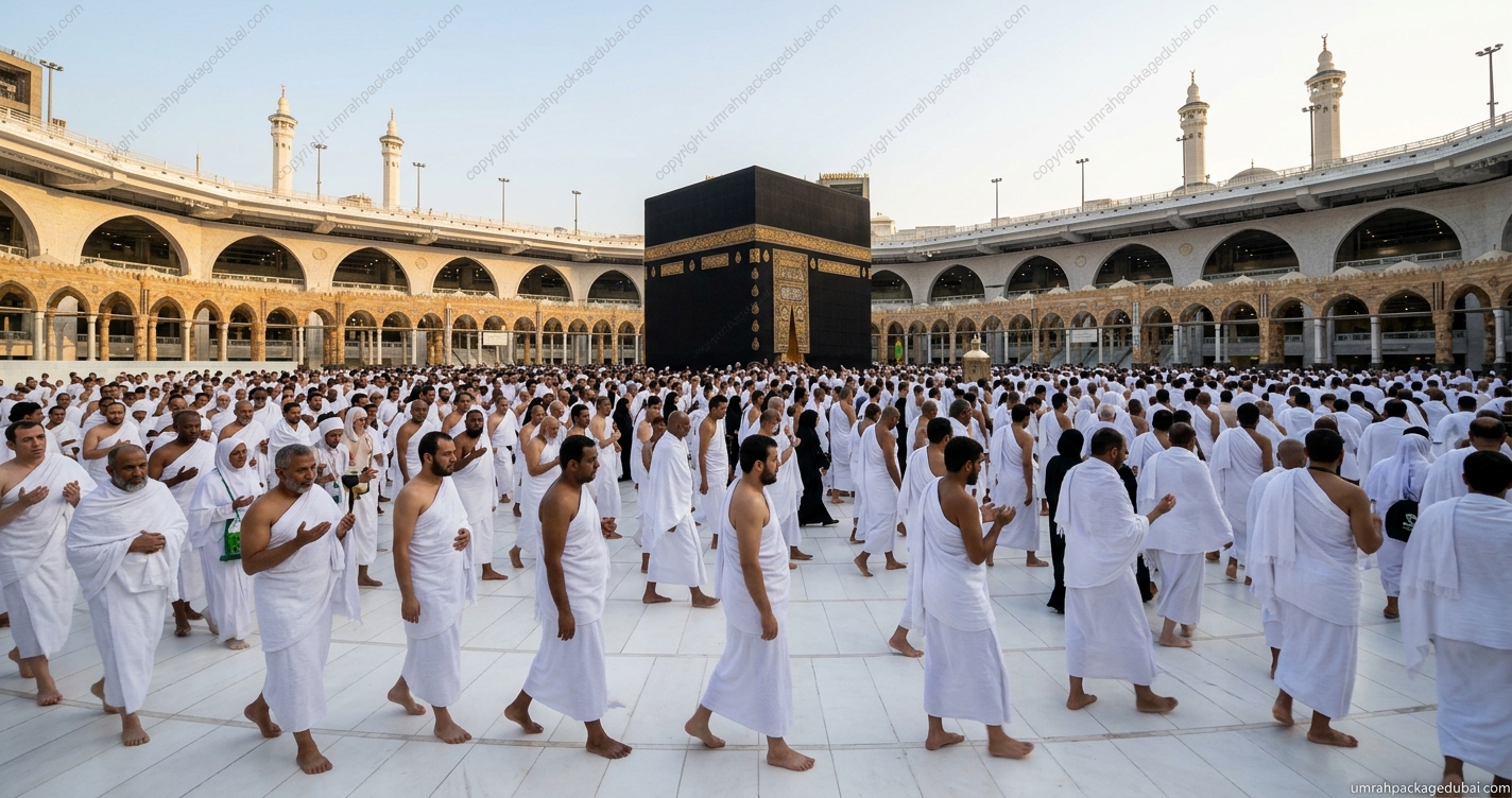 Pilgrims performing Umrah around the Kaaba at Masjid al-Haram in Makkah