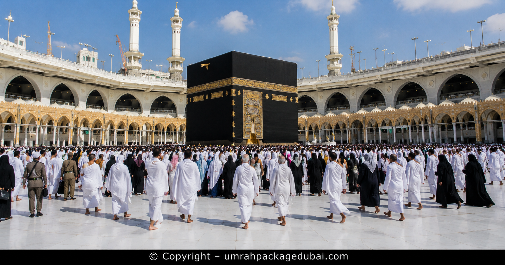 Muslim pilgrims performing seven circuits of Tawaf around the Kaaba